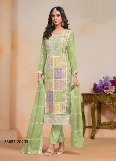 Light Green & Pink Organza Thread-Work Party-Wear Pant-Bottom Readymade Salwar Kameez