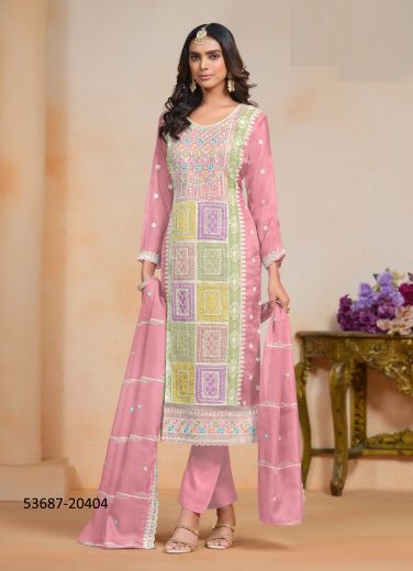 Pink & Light Green Organza Thread-Work Party-Wear Pant-Bottom Readymade Salwar Kameez