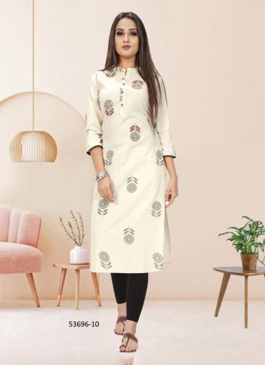 Off White Rayon Bandhani Printed Casual-Wear Straight-Line Readymade Kurti