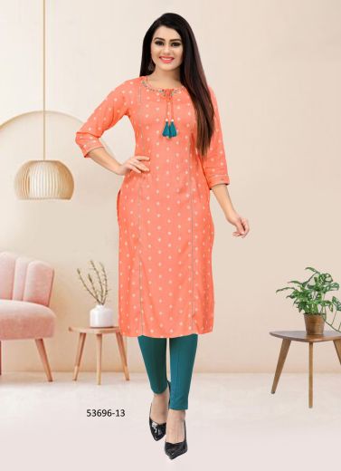 Coral Rayon Bandhani Printed Casual-Wear Straight-Line Readymade Kurti