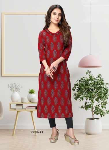 Cherry Red & Blue Rayon Bandhani Printed Casual-Wear Straight-Line Readymade Kurti