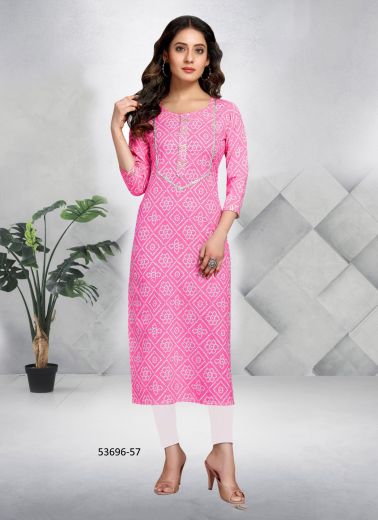 Baby Pink & White Rayon Bandhani Printed Casual-Wear Straight-Line Readymade Kurti