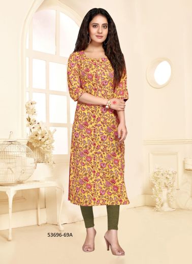 Yellow & Salmon Rayon Bandhani Printed Casual-Wear Straight-Line Readymade Kurti