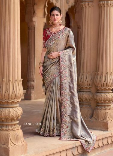 Light Brown Silk Organza Handworked Wedding-Wear Saree