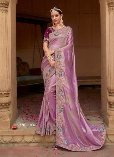 Lilac Silk Organza Handworked Wedding-Wear Saree