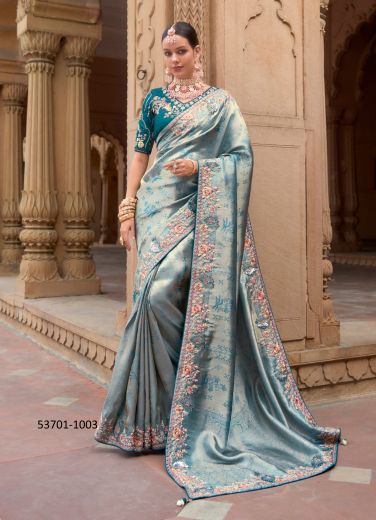 Light Teal Blue Silk Organza Handworked Wedding-Wear Saree