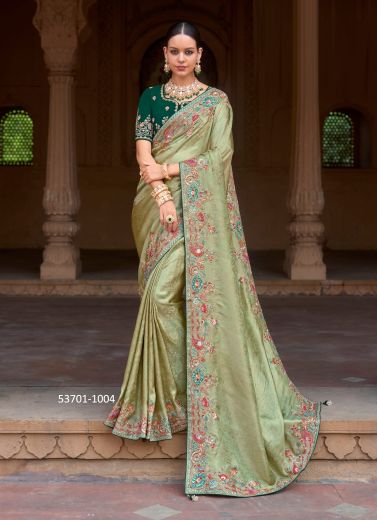 Sage Green Silk Organza Handworked Wedding-Wear Saree