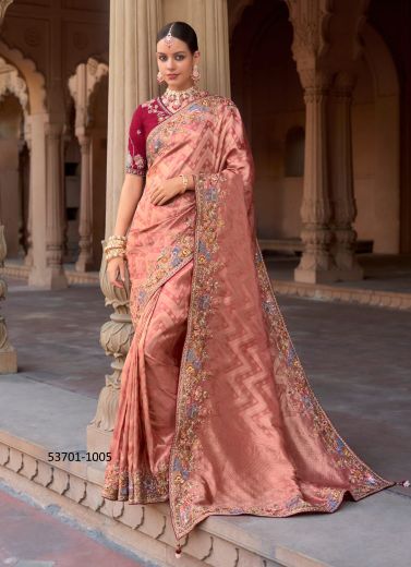 Salmon Silk Organza Handworked Wedding-Wear Saree