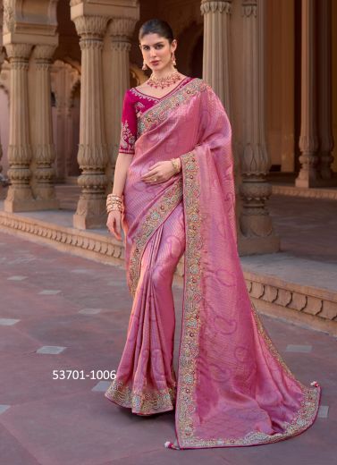 Pink Silk Organza Handworked Wedding-Wear Saree