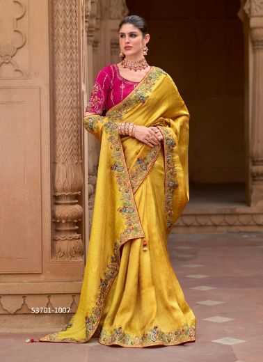 Yellow Silk Organza Handworked Wedding-Wear Saree