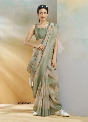 Sage Green Silk Digitally Printed Evening-Wear Vibrant Saree