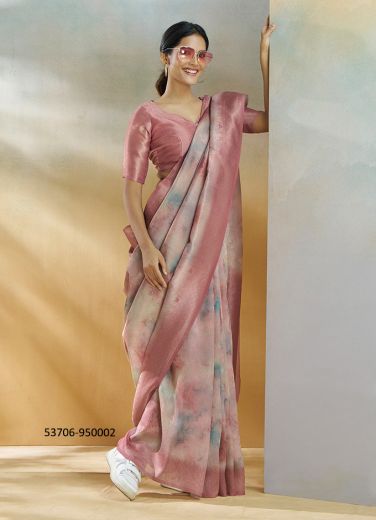 Light Pink Silk Digitally Printed Evening-Wear Vibrant Saree