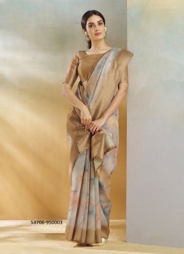 Burlywood Silk Digitally Printed Evening-Wear Vibrant Saree