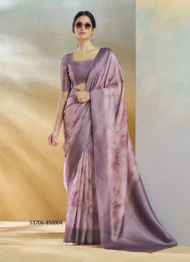 Lilac Silk Digitally Printed Evening-Wear Vibrant Saree