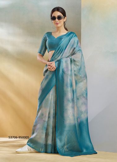 Teal Blue Silk Digitally Printed Evening-Wear Vibrant Saree