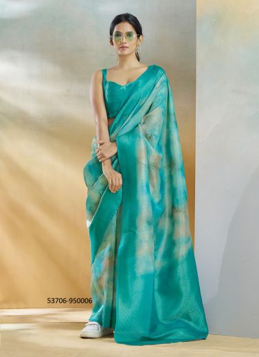 Aqua Silk Digitally Printed Evening-Wear Vibrant Saree