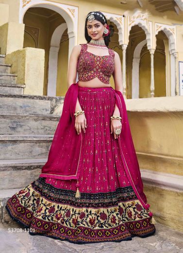 Purplish Red & Cream Chinon Sequins-Work Wedding-Wear Reception Readymade Lehenga Choli