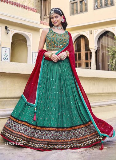 Teal Blue & Wine Red Chinon Sequins-Work Wedding-Wear Reception Readymade Lehenga Choli