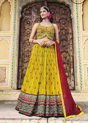 Yellow & Wine Red Chinon Sequins-Work Wedding-Wear Reception Readymade Lehenga Choli