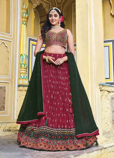 Wine Red & Dark Green Chinon Sequins-Work Wedding-Wear Reception Readymade Lehenga Choli