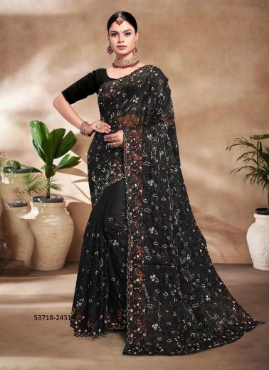 Black Jimmy Choo Silk Thread-Work Evening-Wear Sequins-Work Saree