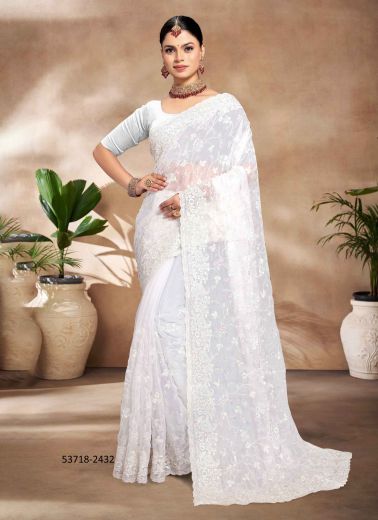 White Jimmy Choo Silk Thread-Work Evening-Wear Sequins-Work Saree