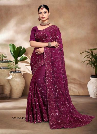 Wine Jimmy Choo Silk Thread-Work Evening-Wear Sequins-Work Saree