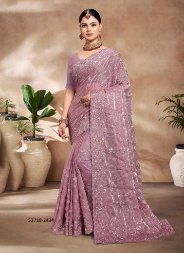 Light Mauve Jimmy Choo Silk Thread-Work Evening-Wear Sequins-Work Saree