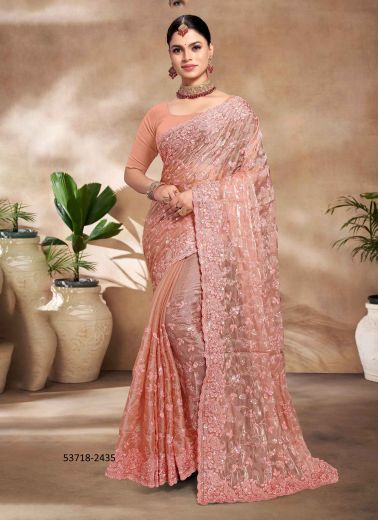 Light Salmon Jimmy Choo Silk Thread-Work Evening-Wear Sequins-Work Saree