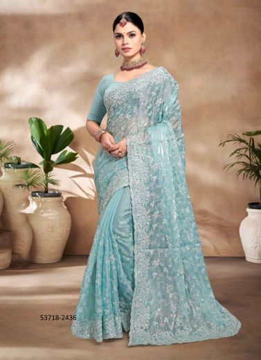 Light Blue Jimmy Choo Silk Thread-Work Evening-Wear Sequins-Work Saree