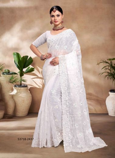 White Burberry Silk Thread-Work Evening-Wear Sequins-Work Saree