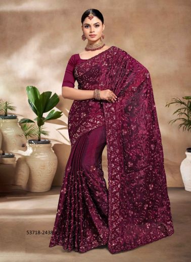 Wine Burberry Silk Thread-Work Evening-Wear Sequins-Work Saree