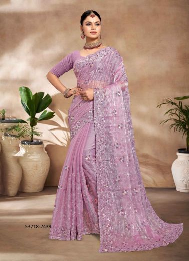 Lilac Burberry Silk Thread-Work Evening-Wear Sequins-Work Saree