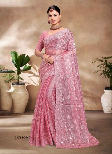 Pink Burberry Silk Thread-Work Evening-Wear Sequins-Work Saree