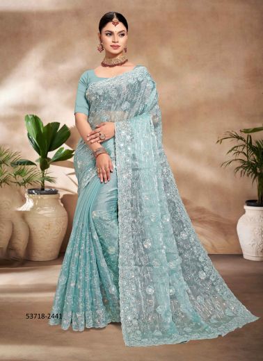 Light Blue Burberry Silk Thread-Work Evening-Wear Sequins-Work Saree