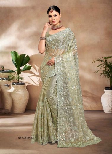 Sage Green Burberry Silk Thread-Work Evening-Wear Sequins-Work Saree