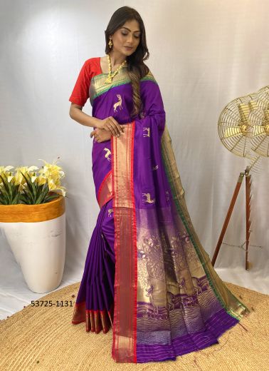 Dark Violet Silk Woven Festive-Wear Jacquard Saree