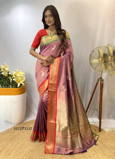 Mauve Silk Woven Festive-Wear Jacquard Saree