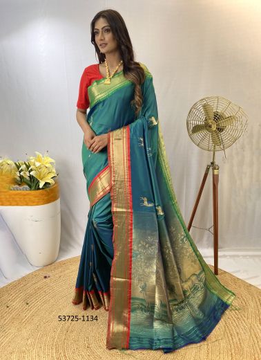 Teal Blue Silk Woven Festive-Wear Jacquard Saree