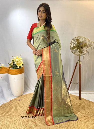 Sage Green Silk Woven Festive-Wear Jacquard Saree