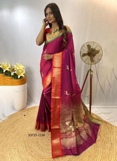 Purplish Red Silk Woven Festive-Wear Jacquard Saree