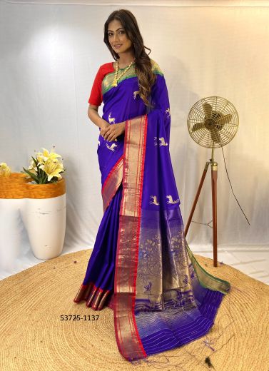 Indigo Blue Silk Woven Festive-Wear Jacquard Saree