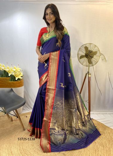 Navy Blue Silk Woven Festive-Wear Jacquard Saree