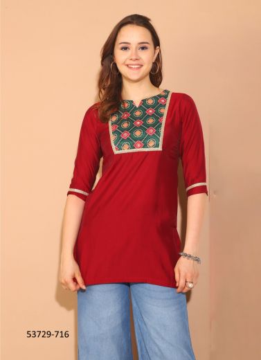 Maroon Silk Printed Office-Wear Readymade Short Top