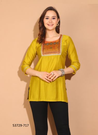 Yellow Silk Printed Office-Wear Readymade Short Top