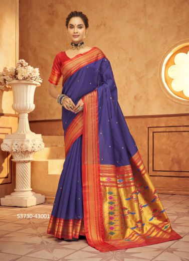 Indigo Blue & Orange Woven Paithani Silk Saree For Traditional / Religious Occasions