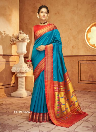 Teal Blue & Orange Woven Paithani Silk Saree For Traditional / Religious Occasions