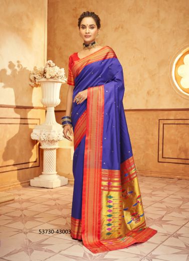 Violet Blue & Orange Woven Paithani Silk Saree For Traditional / Religious Occasions