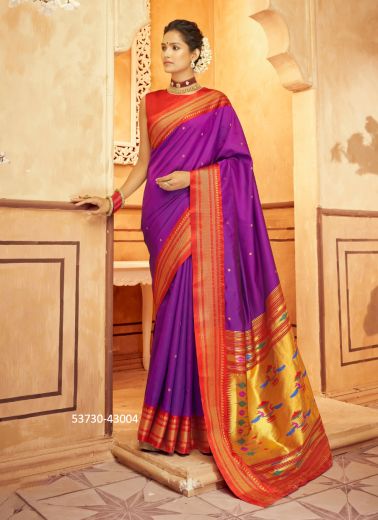 Purple & Orange Woven Paithani Silk Saree For Traditional / Religious Occasions