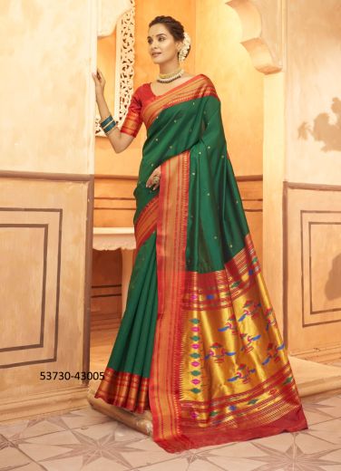 Green & Orange Woven Paithani Silk Saree For Traditional / Religious Occasions